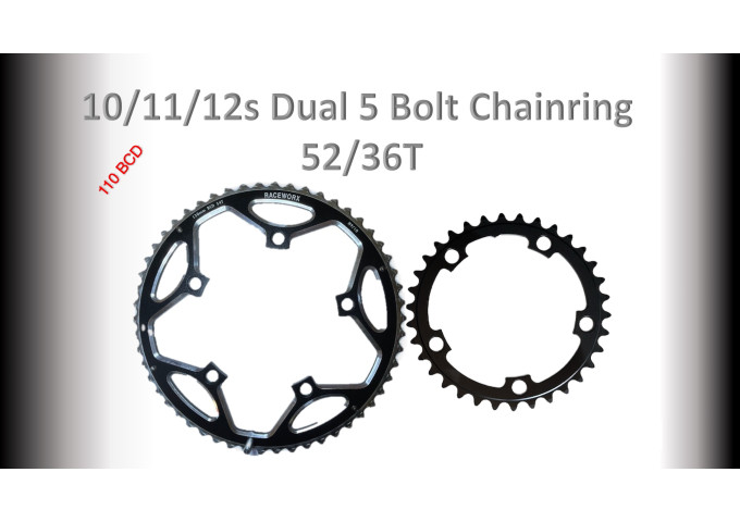 ROAD (52/36T) 110BCD 5 bolt 10/11/12s Round Black RACEWORX Set