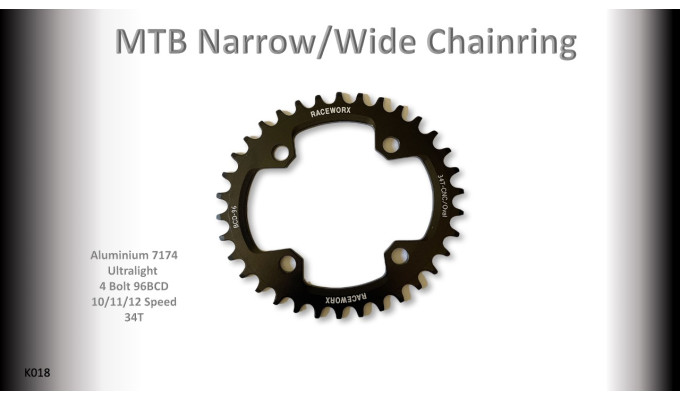 MTB (34T) 96BCD 10/11/12s 4 bolt 1x Oval Black RACEWORX (Narrow/Wide Tooth Design)