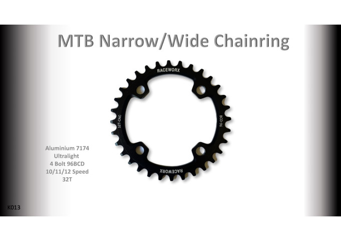 MTB (32T) 96BCD 10/11/12s 4 bolt 1x Round Black RACEWORX (Narrow/Wide Tooth Design)